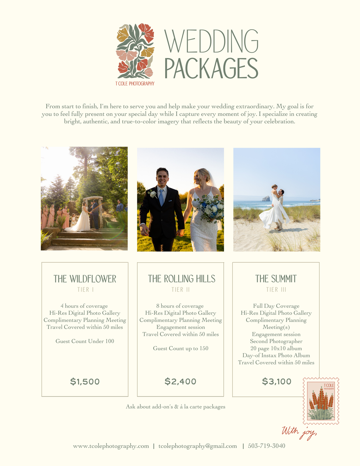 Wedding photography packages pricing guide with sample photos and package details.