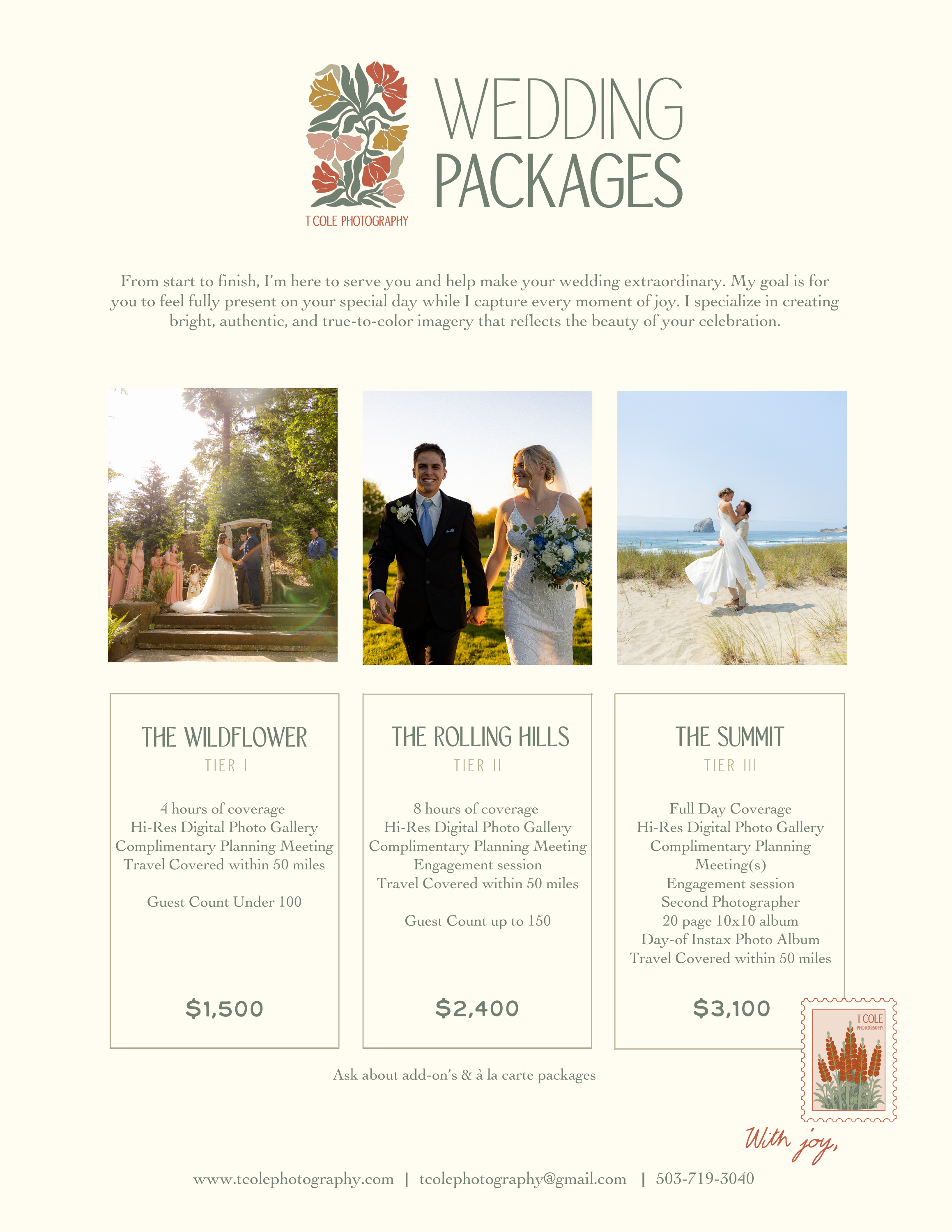 Wedding photography packages pricing guide with sample photos and package details.