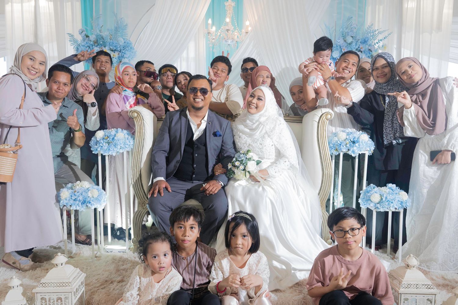 A panoramic photo combining multiple wedding reception scenes showing guests in formal attire gathered together.