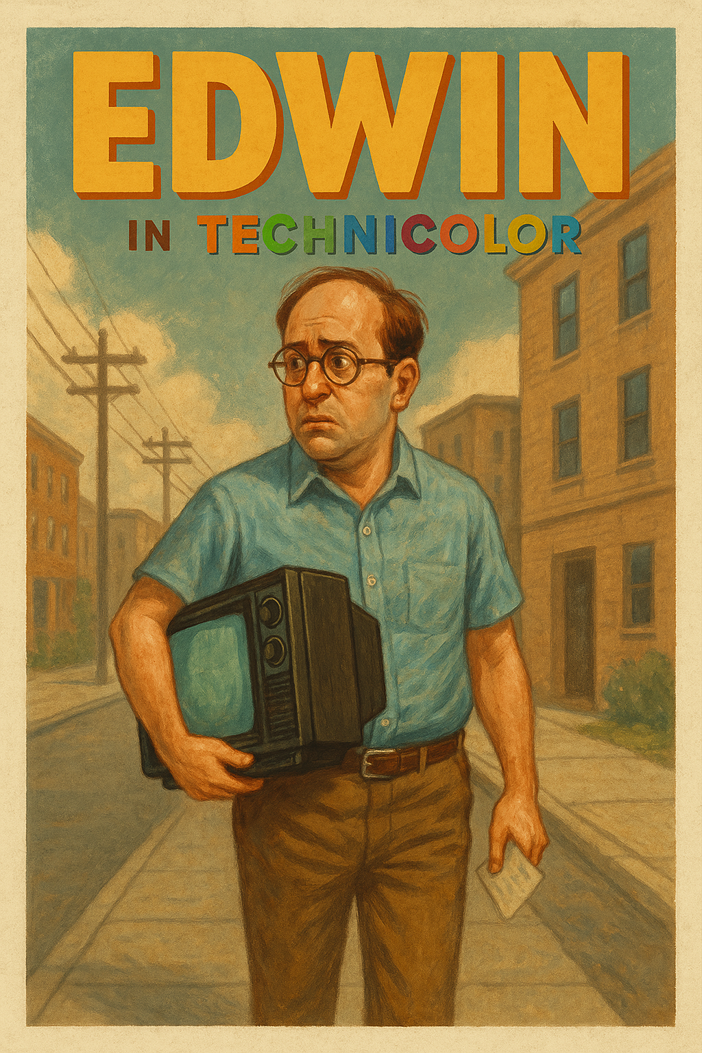 Vintage-style movie poster for Edwin in Technicolor showing a man carrying a retro TV on a city street.