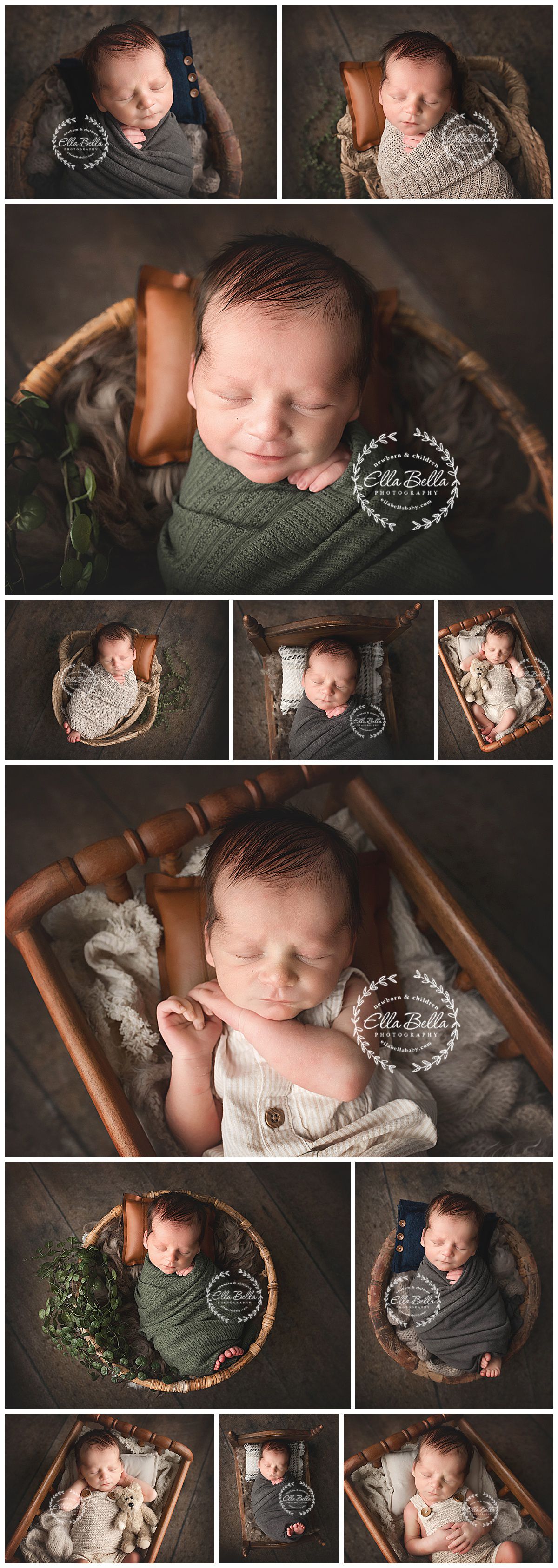 Newborn photography collage featuring artistic poses in rustic wooden baskets with soft knit wraps and neutral tones.