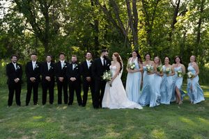 Large wedding party arranged in formal line wearing light blue dresses and black tuxedos outdoors.