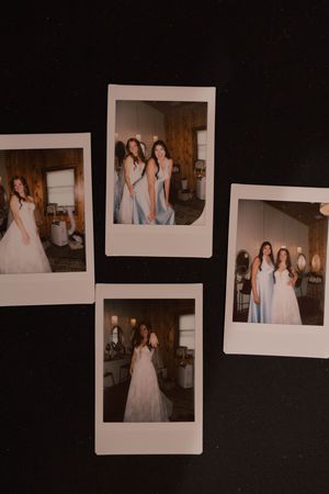 Collection of polaroid photos showing wedding party moments arranged on dark background.