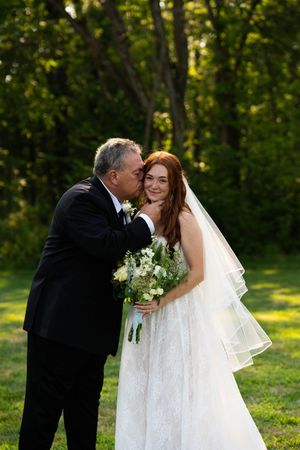 A series of joyful wedding photos showing a bride with her bouquet and companion in a sunlit garden.
