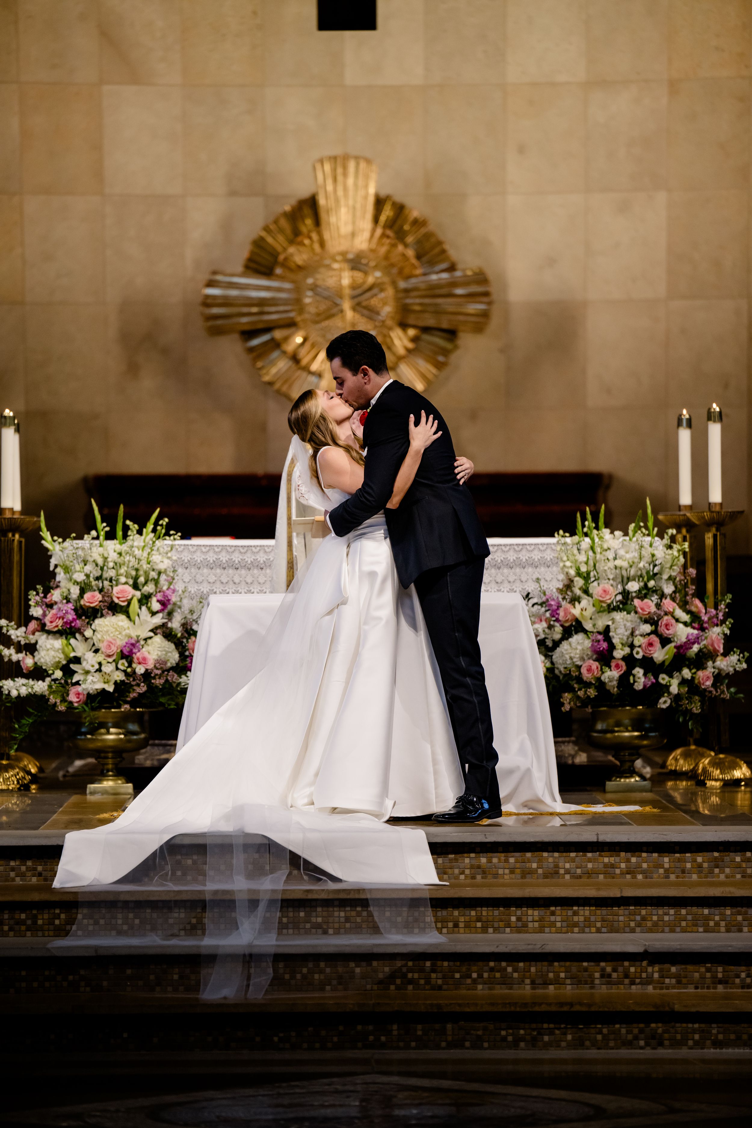 A romantic wedding ceremony sequence showing a couple at the altar with floral arrangements and soft lighting.