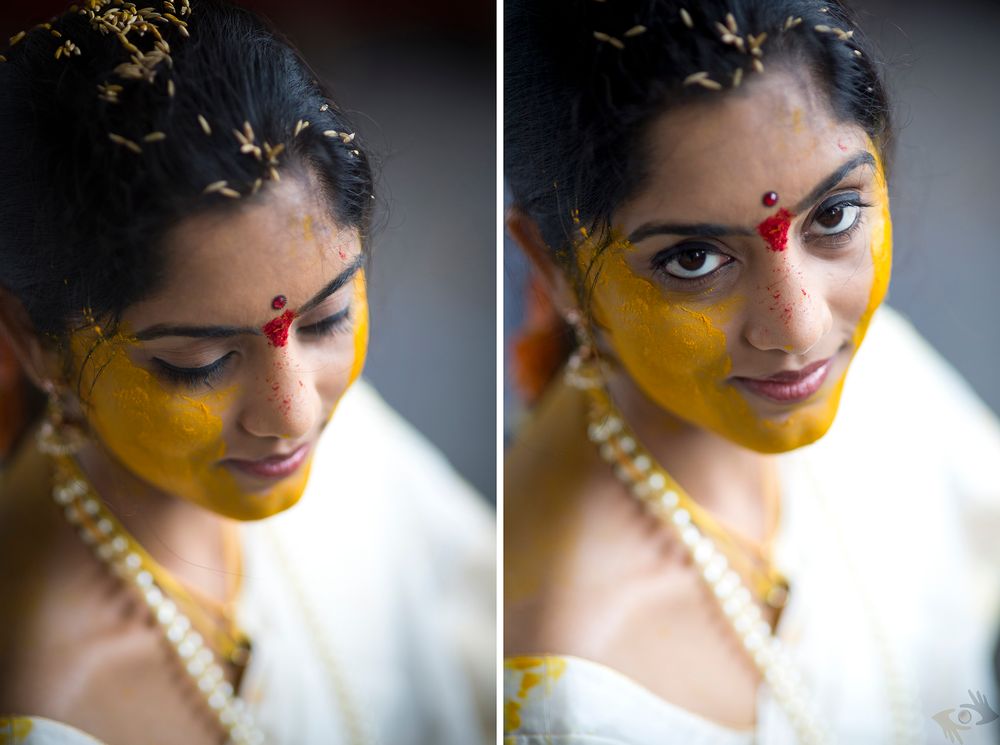 Close-up portraits showing traditional Indian bridal makeup and pearl necklace in dramatic lighting.
