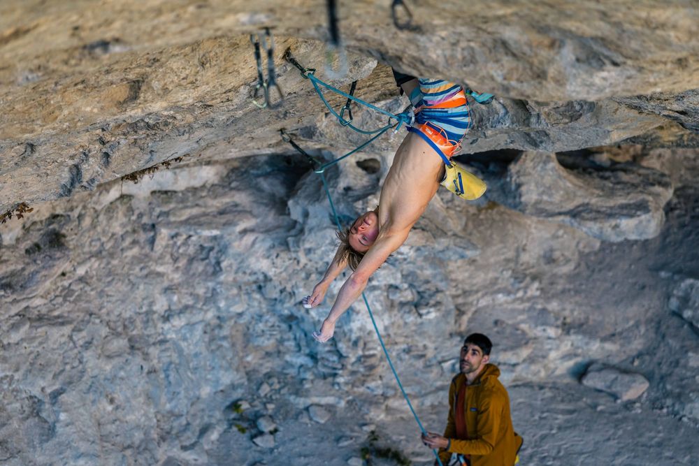 Alex Megos climbing Le Grand Saccage 9a+/b in Buoux, France. Photo Jan Virt.