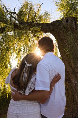Sunset silhouette through willow tree branches creating a romantic outdoor scene.