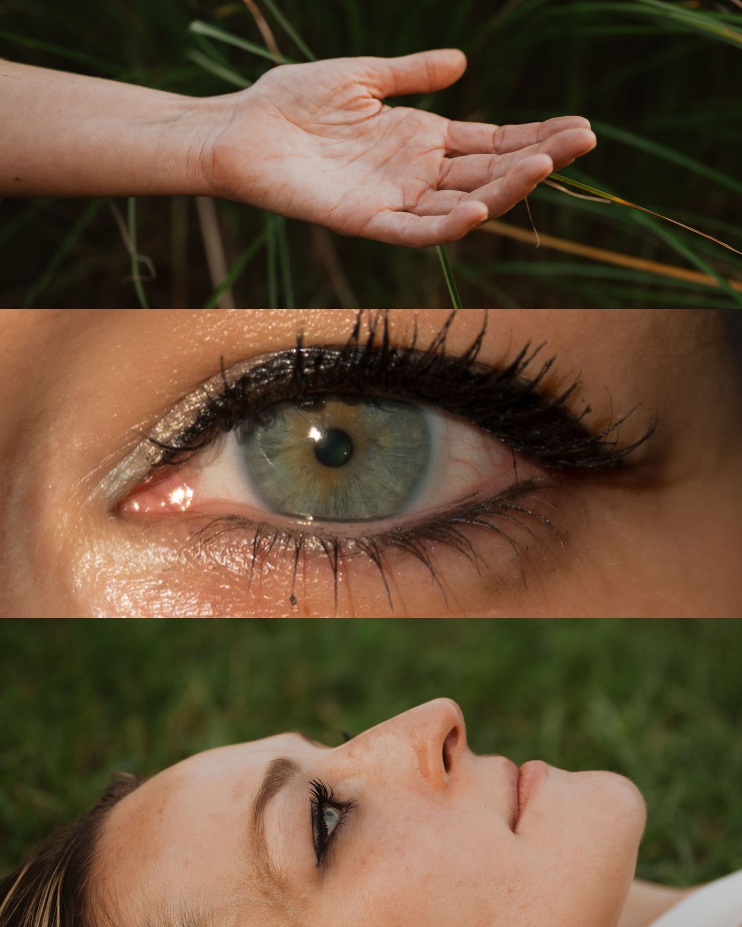 Artistic triptych featuring a palm, close-up of green eye with mascara, and profile portrait against grass.