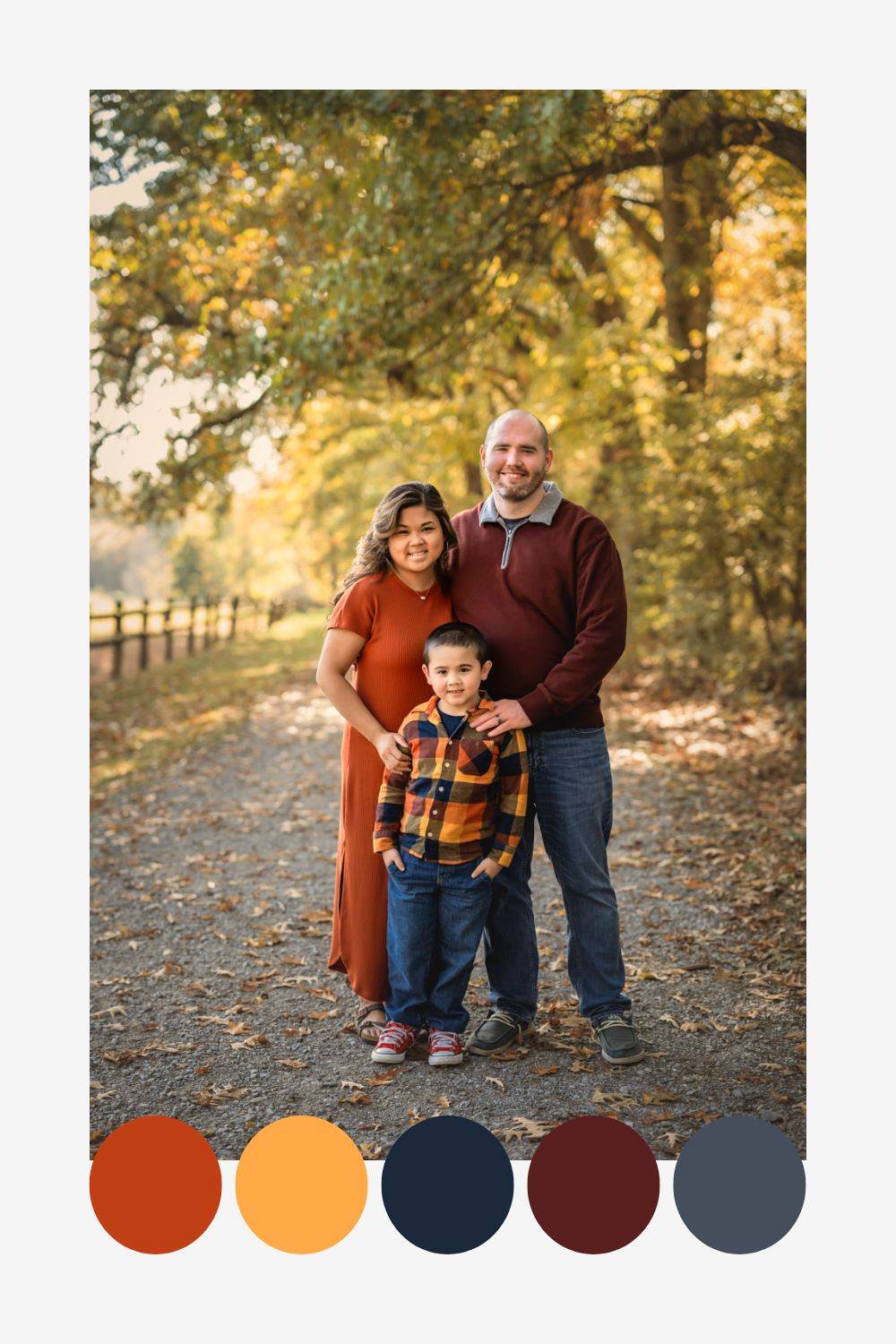 A family poses together on an autumn path surrounded by golden trees, with a coordinated fall color palette shown below.