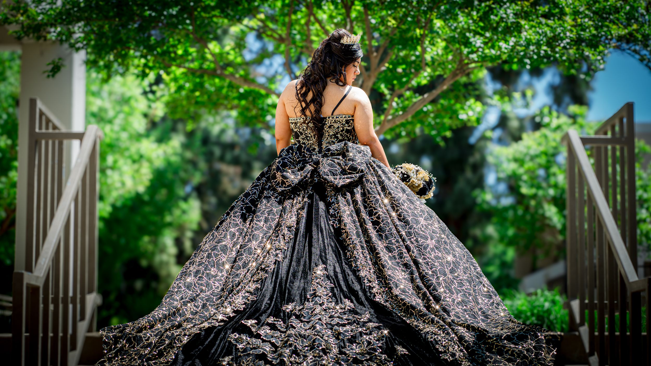 A person in an elegant black and silver ballgown stands on outdoor steps surrounded by lush greenery.