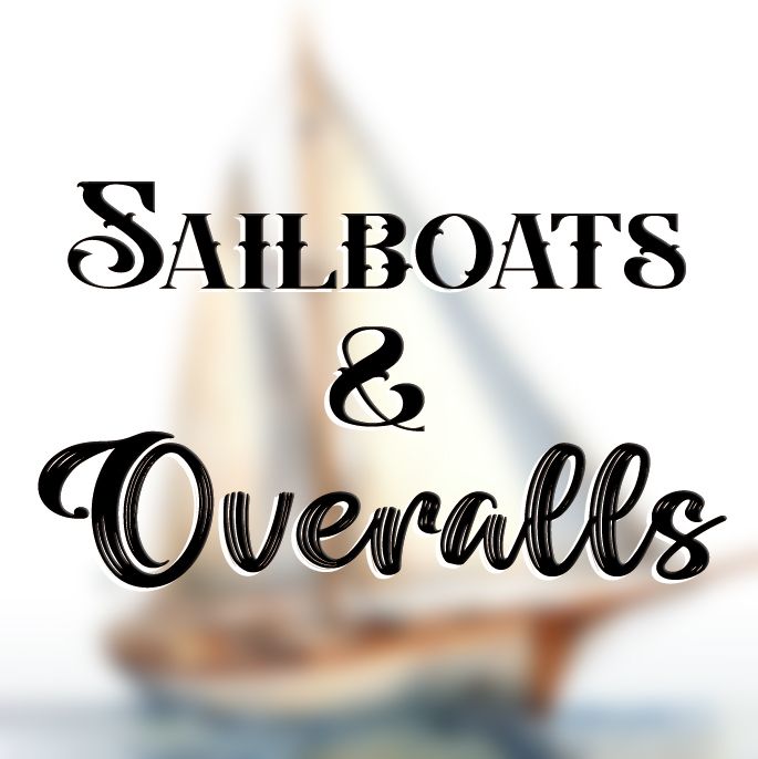 White text overlay mentioning sailboats and overalls against blurred nautical scene.