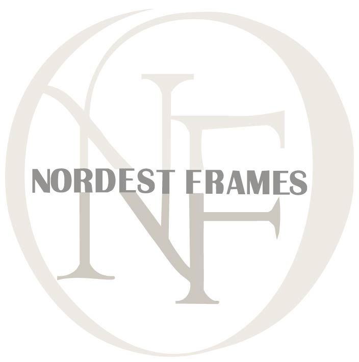 Minimalist text logo design for 'Nordest Frames' in gray tones.