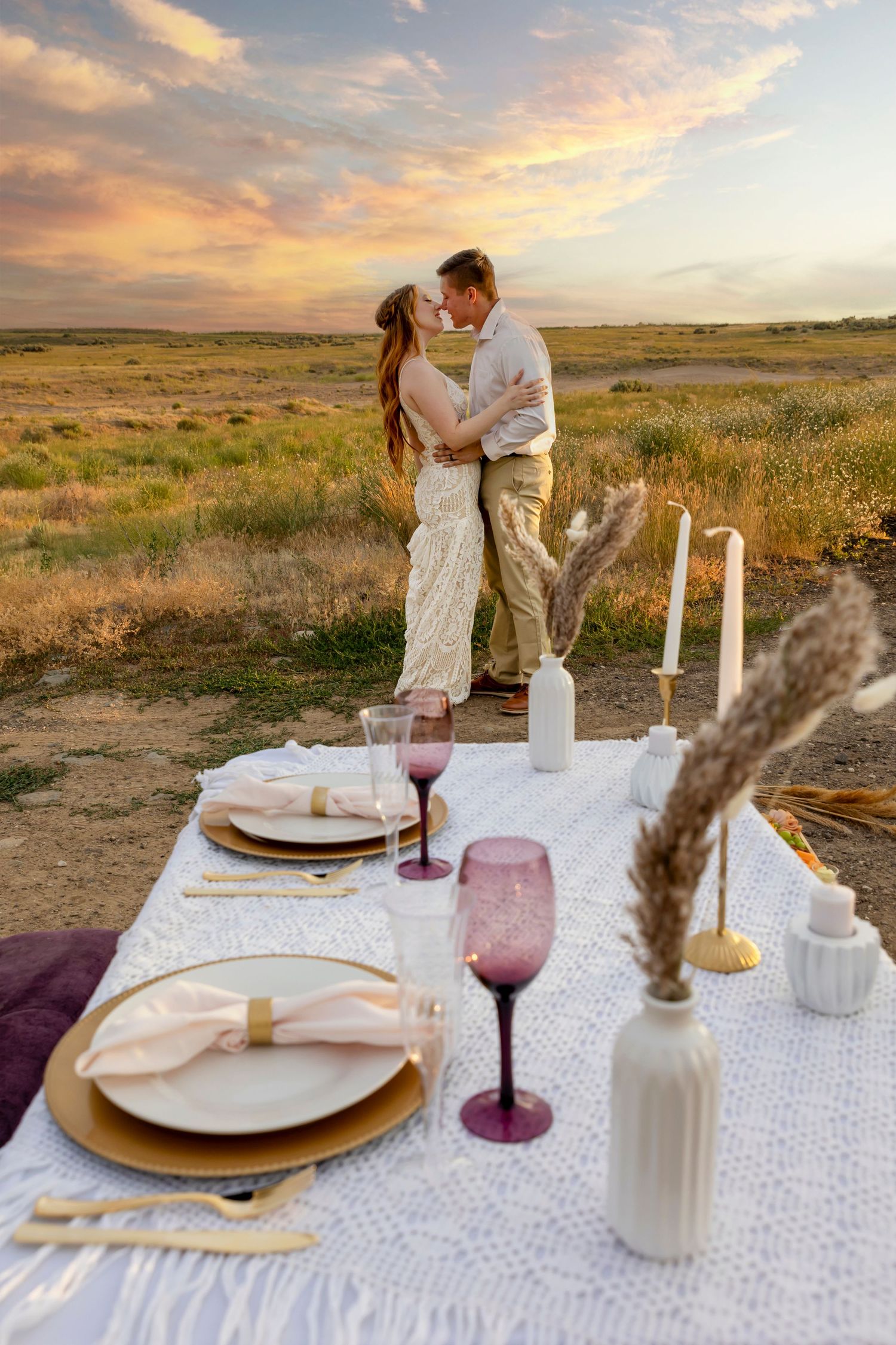 bride and groom photo with sweethearts table