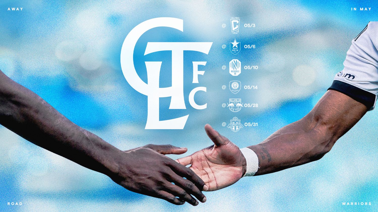 Charlotte FC logo with two players shaking hands showing upcoming match schedule graphic.