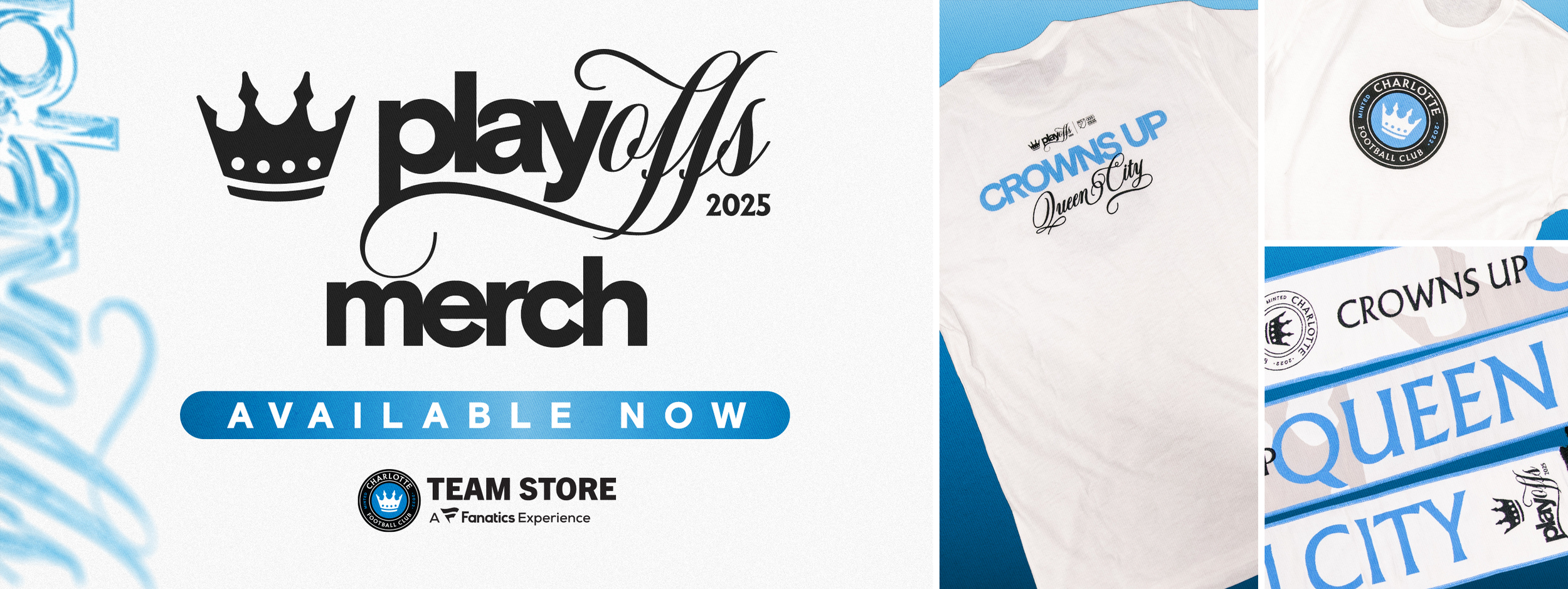 Charlotte FC 2025 playoffs merchandise banner featuring Crowns Up t-shirts available now at Team Store.
