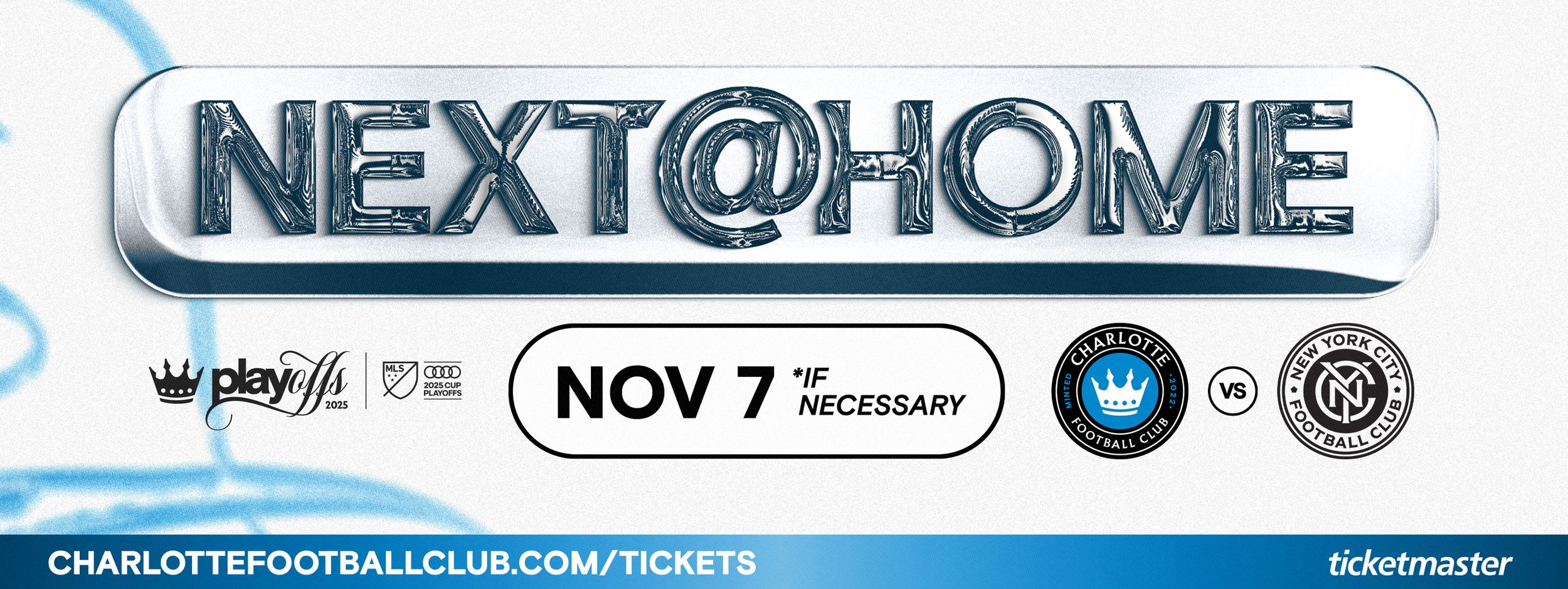 Charlotte FC next home playoff game graphic showing November 7 vs New York City FC at Bank of America Stadium.