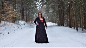 Snow covered forest trail winding through tall pine trees on a winter day.