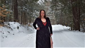 Winter forest scene with snow covered path through pine trees.