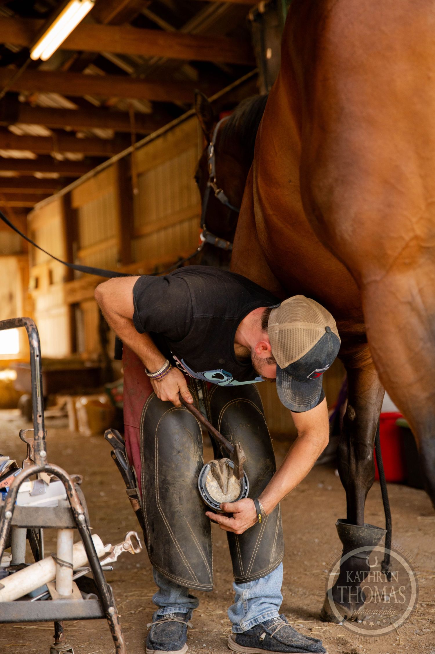 Farrier working on trimming a horse's hoof in a dimly lit stable.