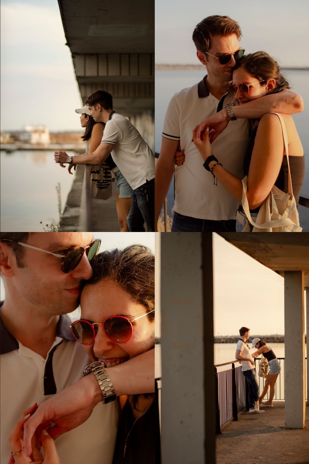 Couple embracing on a Kingston waterfront balcony at golden hour during fall cinematic narrative photoshoot.