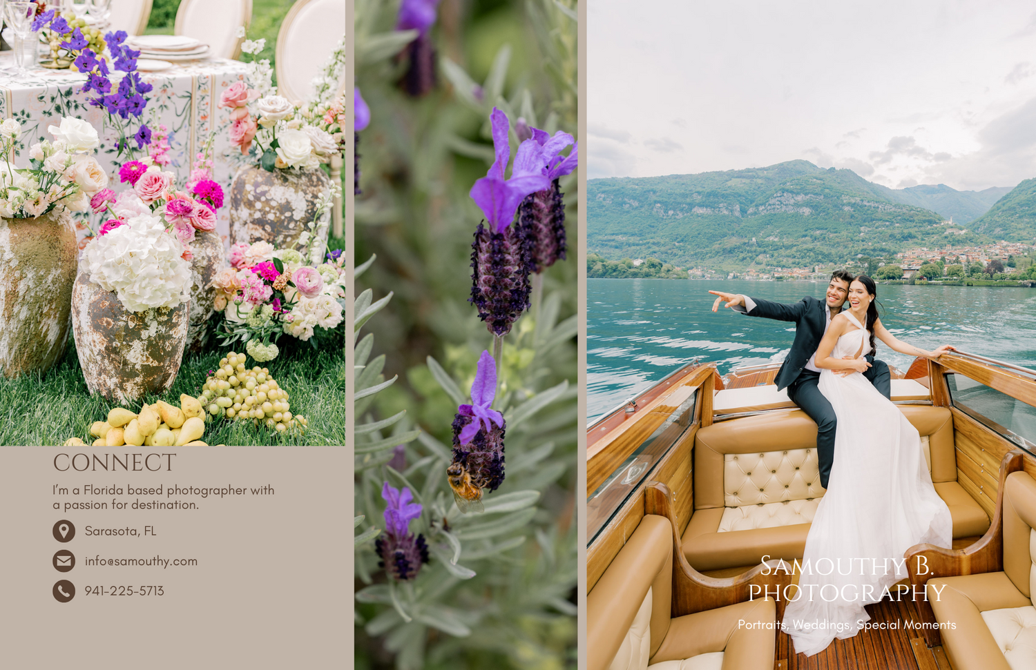 Wedding photography collage featuring floral arrangements with pink and purple blooms beside a couple on a wooden boat in mountains.