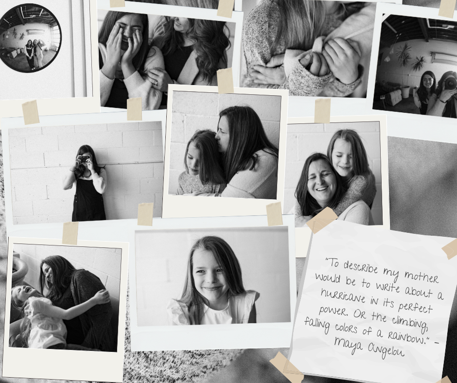 Black and white photo collage shows candid moments in a journal or scrapbook style with handwritten text in corner. Mini Sessions in Norfolk