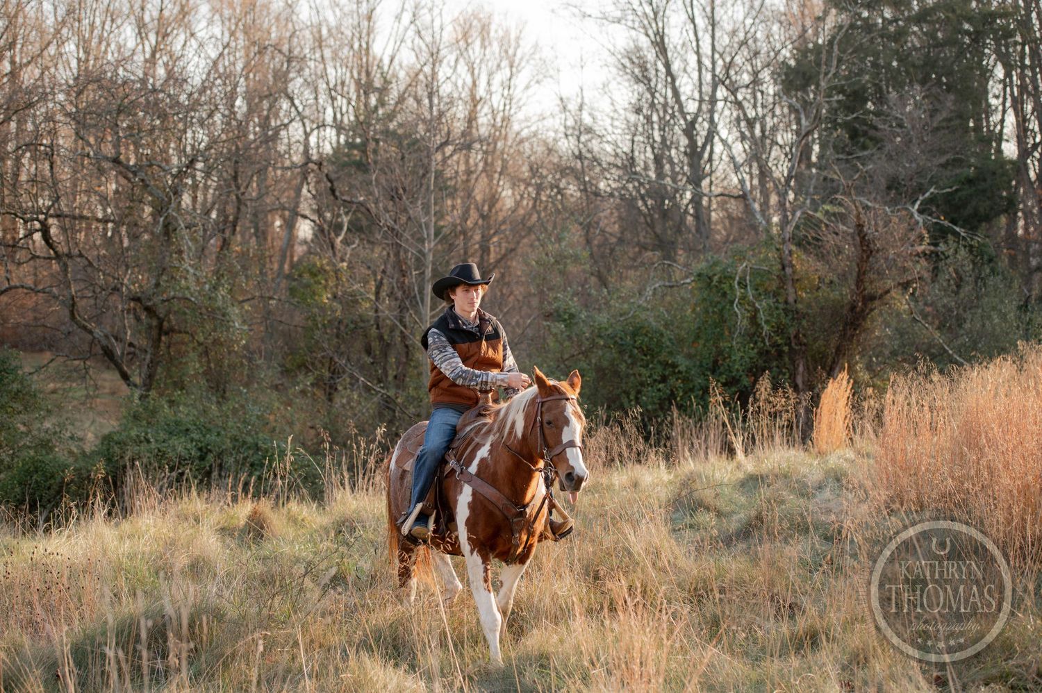 Horse and rider moving through tall grass with winter woods in the background.
