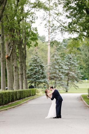 A romantic scene on a tree-lined path with elegant evergreens creating a natural archway in a tranquil garden setting.