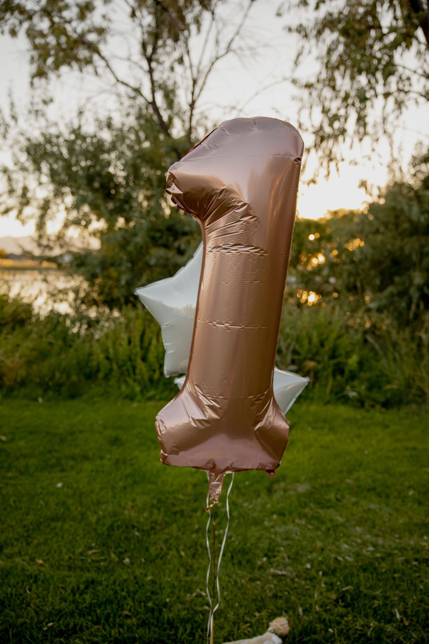 A rose gold number 1 balloon floats against a green natural background at sunset.
