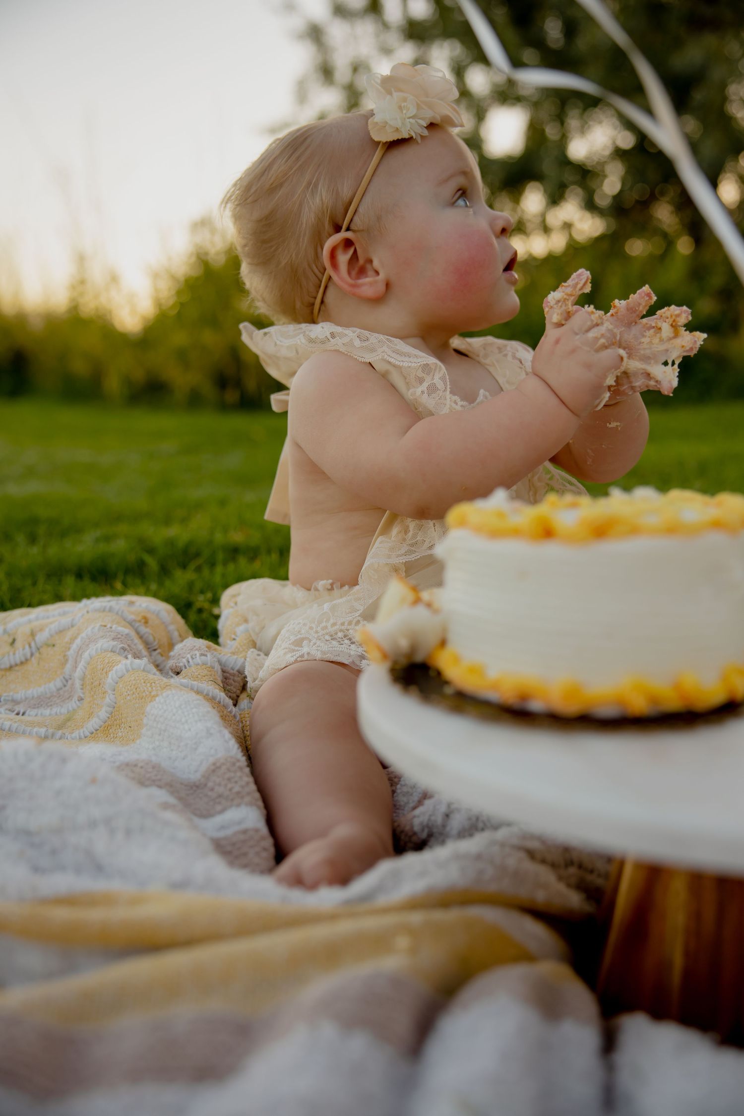 A festive moment captured with cake and decorations during golden hour.