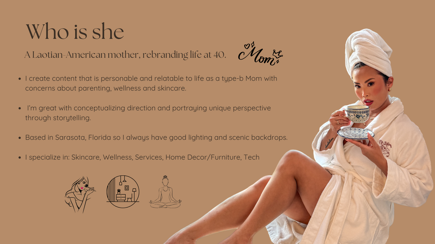 Retro-styled beauty illustration with sketched icons and text against a warm brown background showing spa or wellness theme.