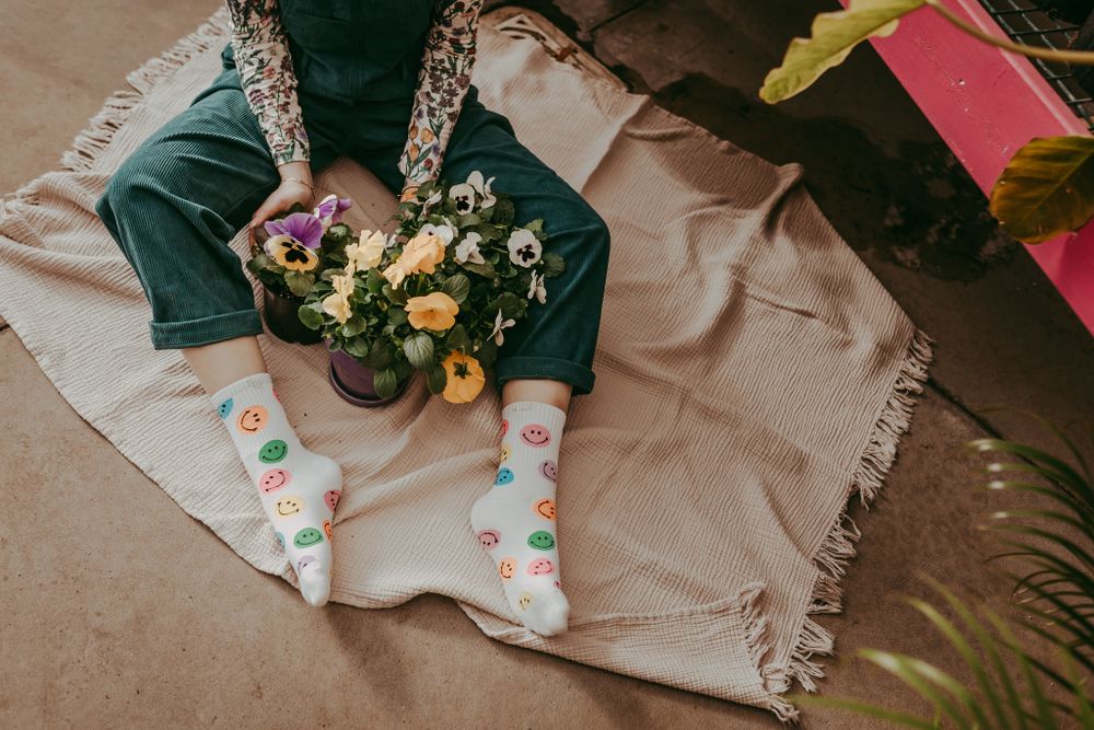 Someone wearing pink floral socks sits on a beige blanket with a potted plant arrangement.