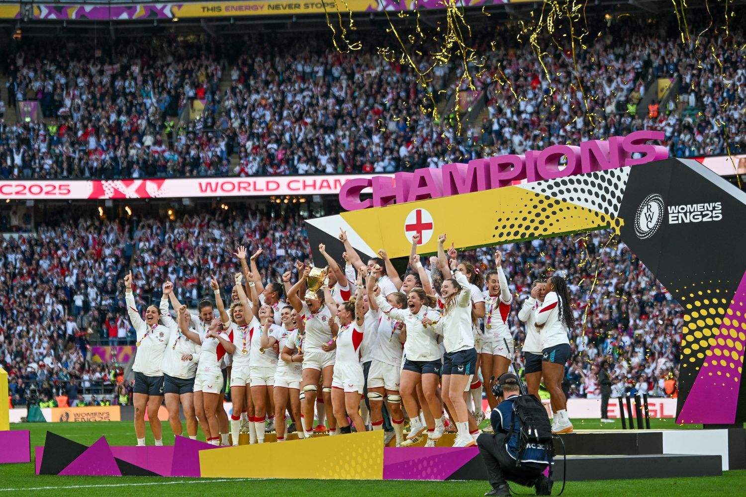 A collage of five sports stadium images showing celebrating soccer teams and crowded stadium scenes during matches.