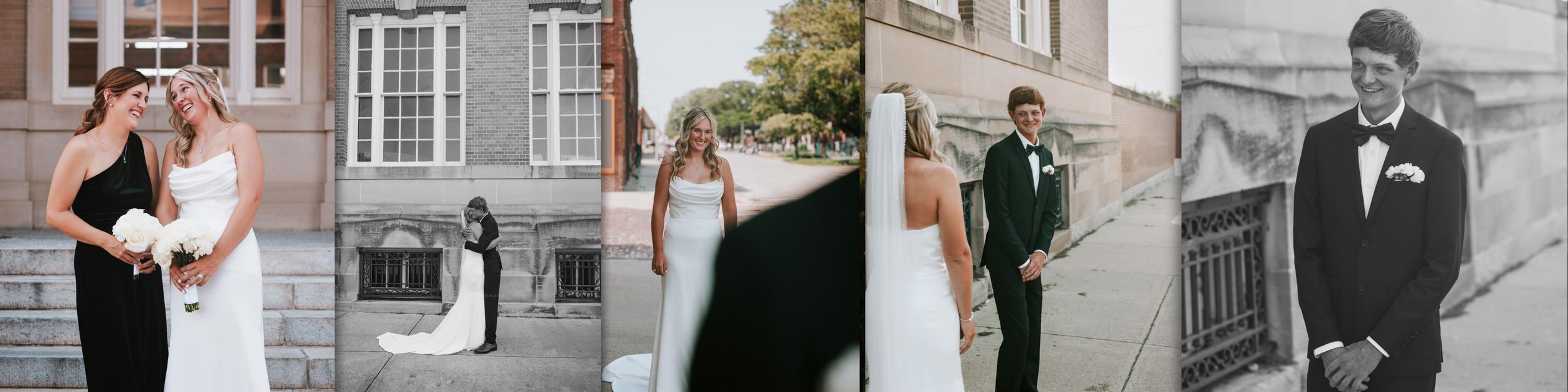 A collection of black and white wedding photographs arranged in a horizontal collage showing romantic moments and formal poses.