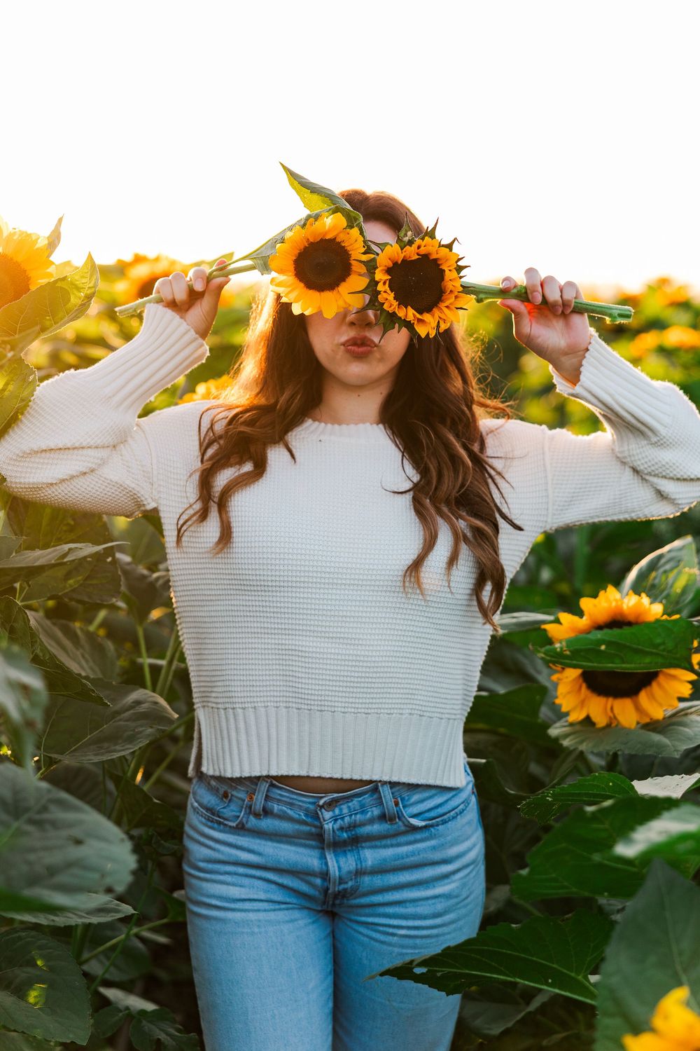 Casual outfit against vibrant sunflowers in a field during golden hour photography session.