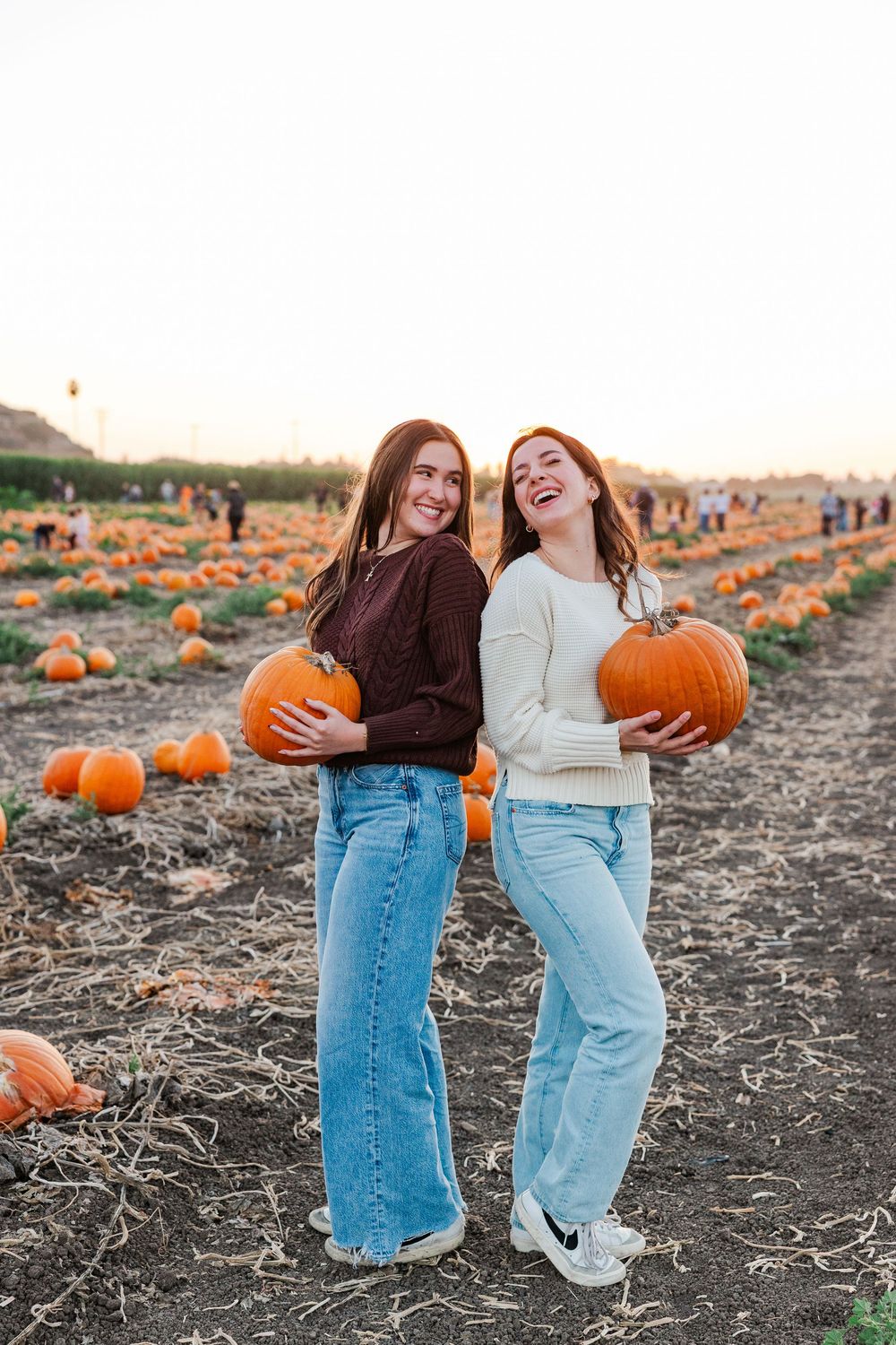 Two friends in casual outfits laugh together while holding pumpkins at a rustic pumpkin patch during autumn sunset.