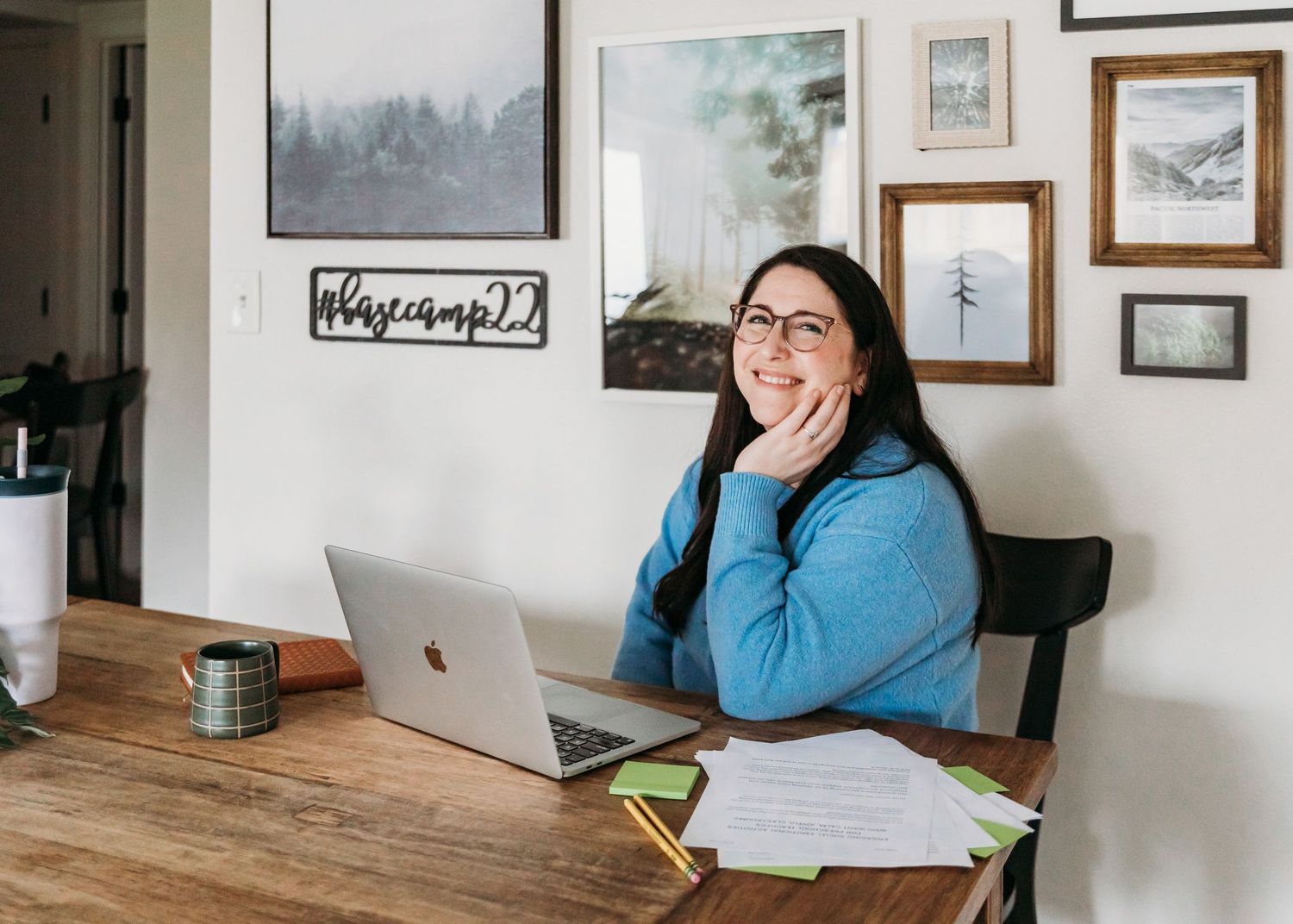 A series of images showing a person working at a desk with a laptop in a cozy home office setting.