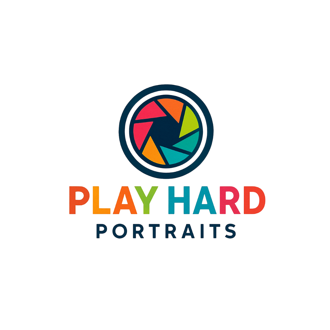 Colorful camera shutter logo design with text 'Play Hard Portraits' in vibrant rainbow colors. Gippsland sports photography.