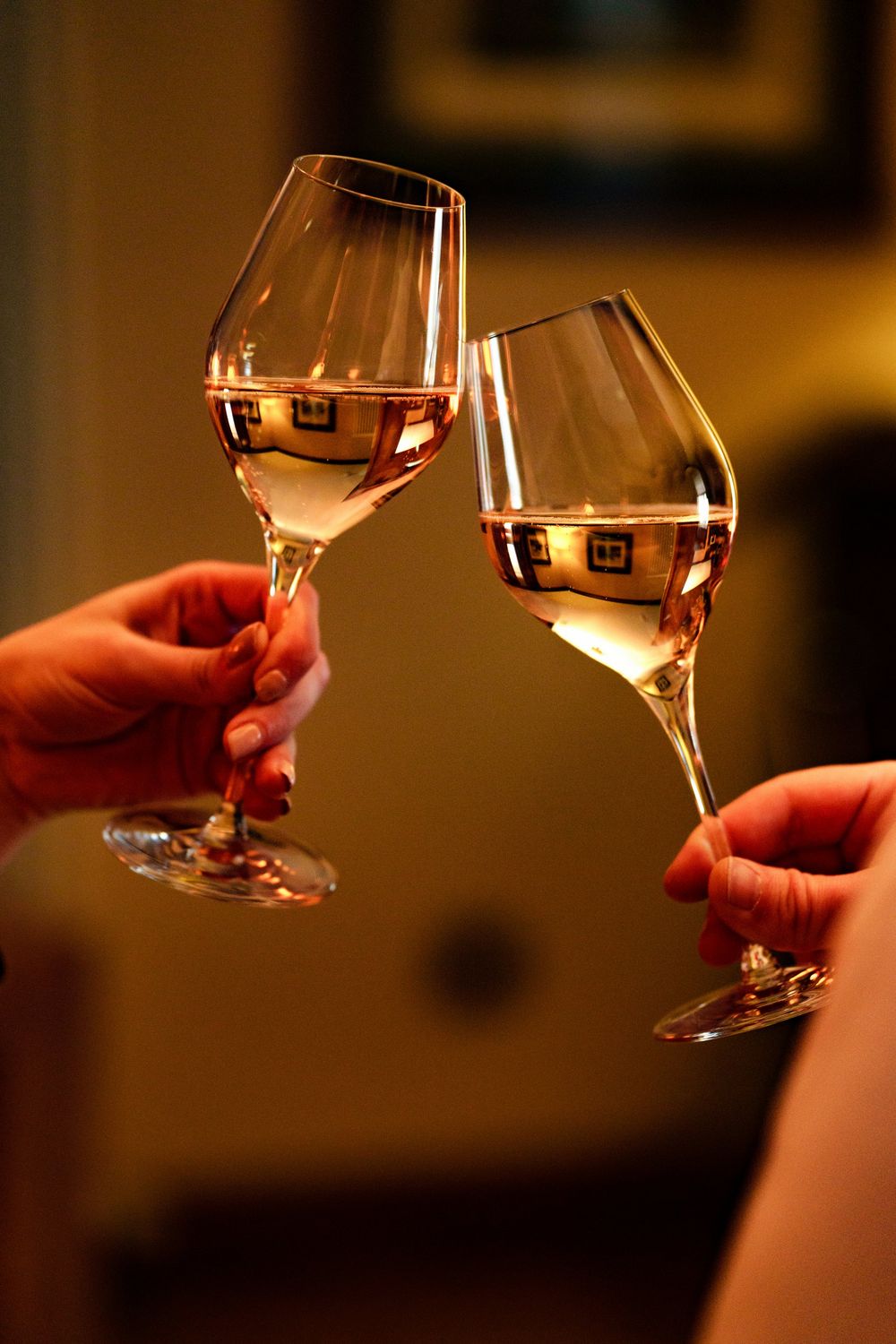 Two people toasting with glasses of white wine in a warm ambient setting.