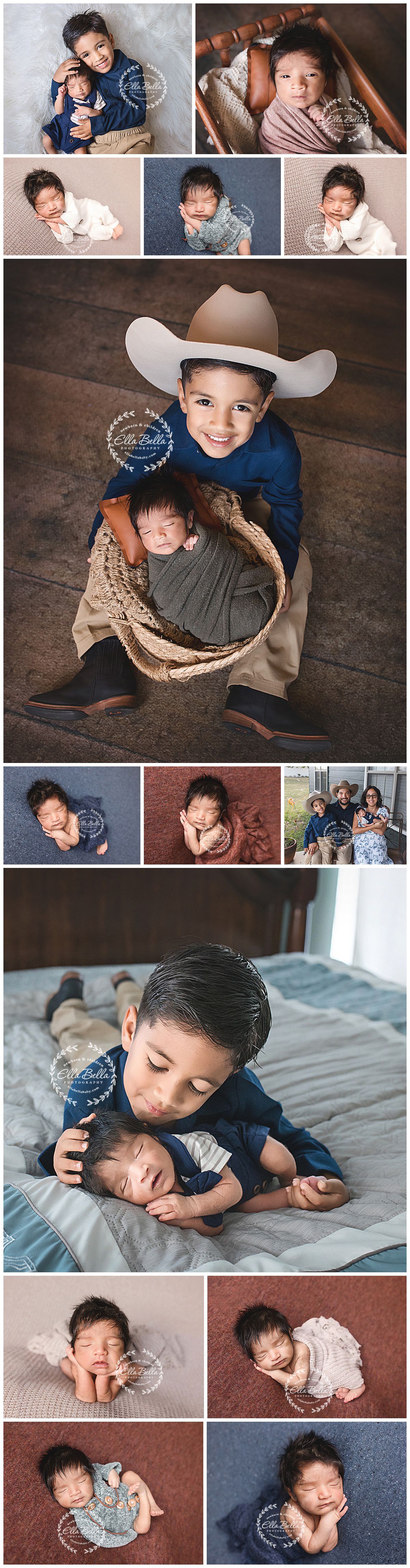 A collection of newborn and sibling photography showing tender moments and sweet poses in various settings and outfits.