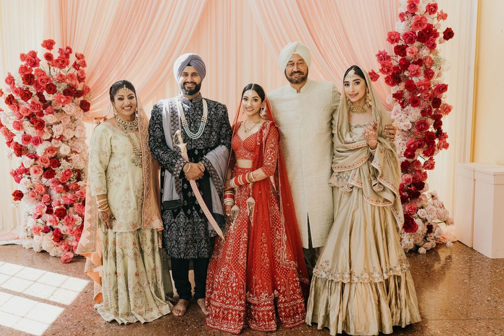 A traditional Indian wedding celebration with guests in a decorated venue featuring red balloon arrangements.