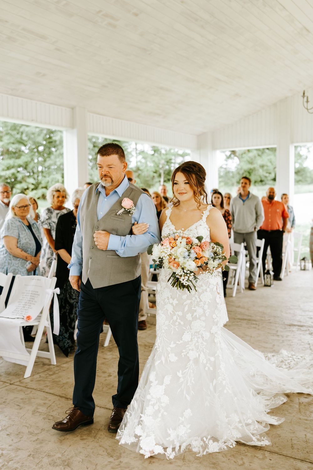 A series of candid wedding reception photos showing guests dancing together under a white tent pavilion.