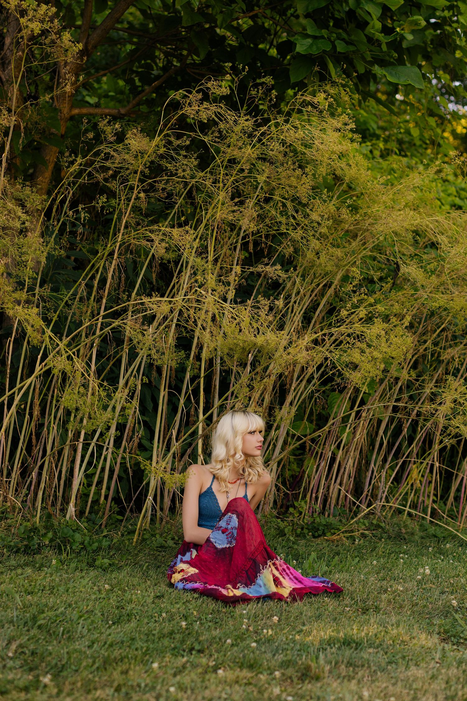Person in red dress sitting on grass near tall ornamental grasses in garden setting.