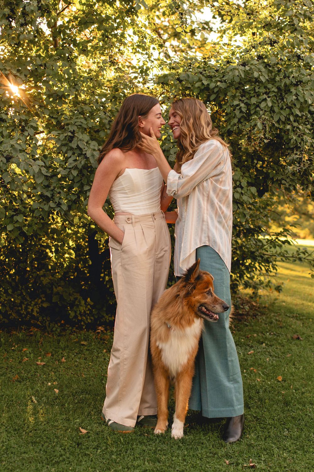 Two ladies share a joyful moment in a sunlit garden with their beautiful Collie dog on a summer evening.