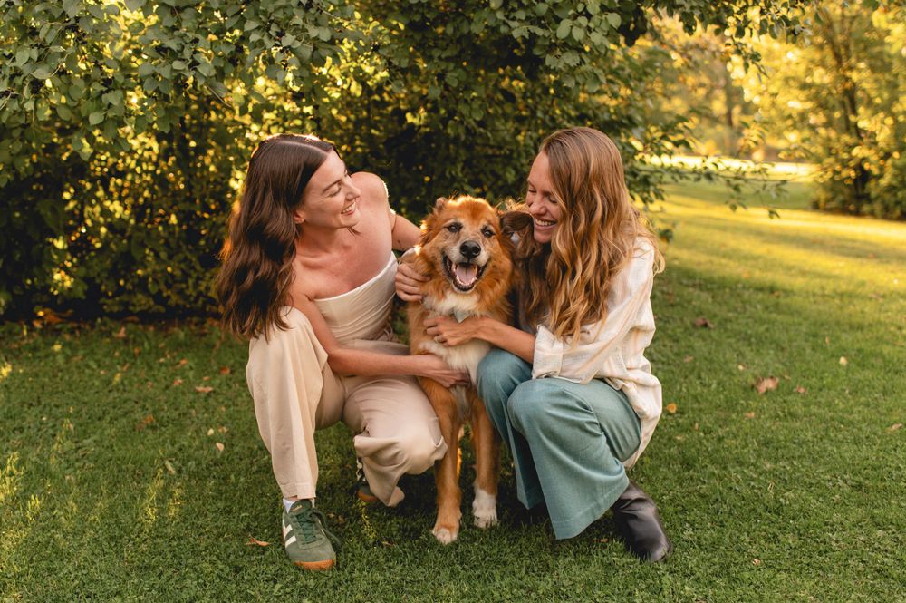Happy golden retriever mix dog sits on grass with people outdoors in sunlit backyard garden setting.