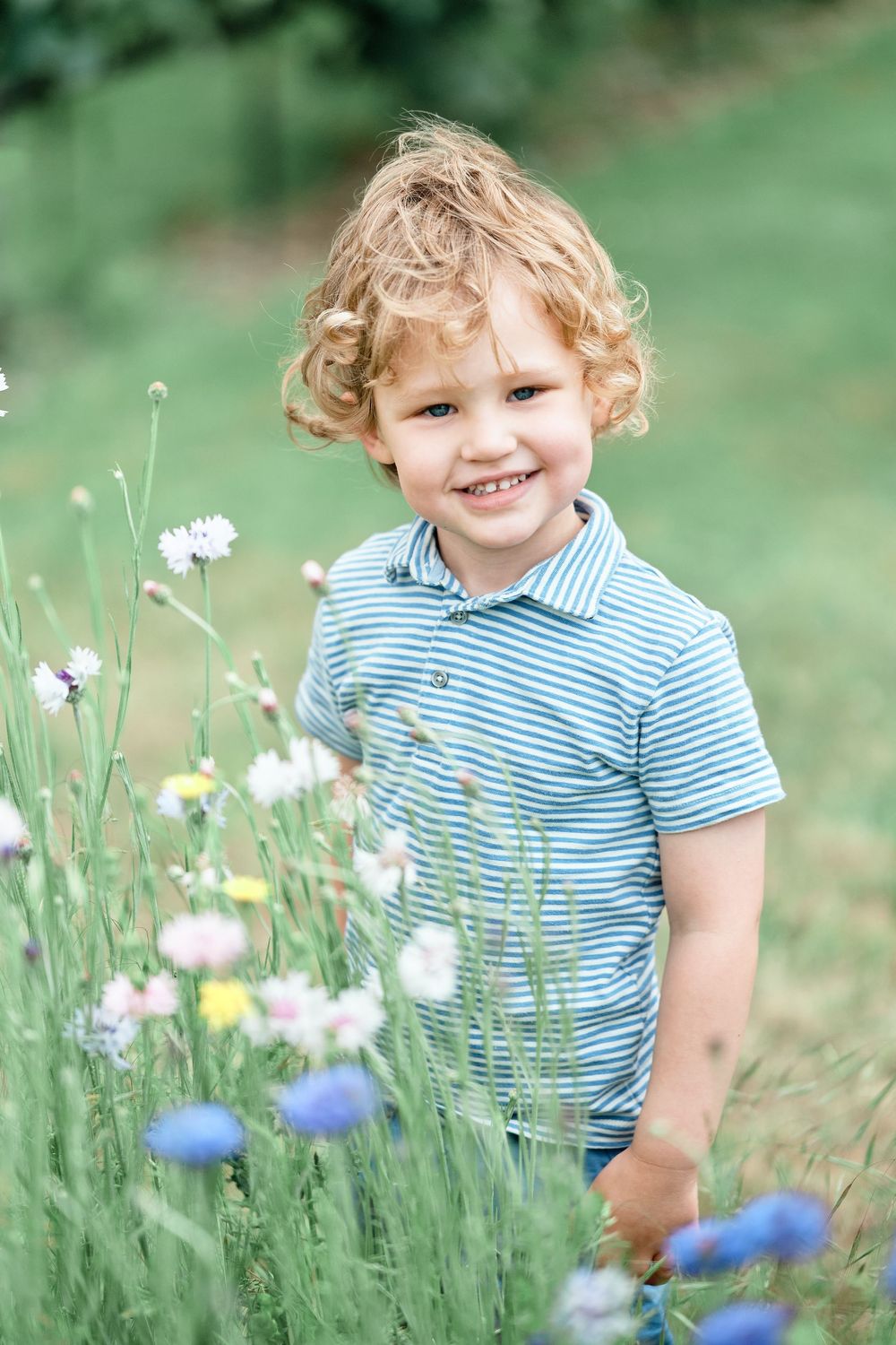 A child in a striped blue shirt sits among blooming wildflowers in a sunny meadow.