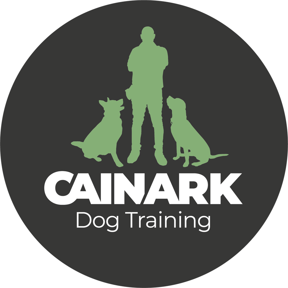 Silhouette logo of person standing with two dogs for Cainark Dog Training in dark circle with green figures.