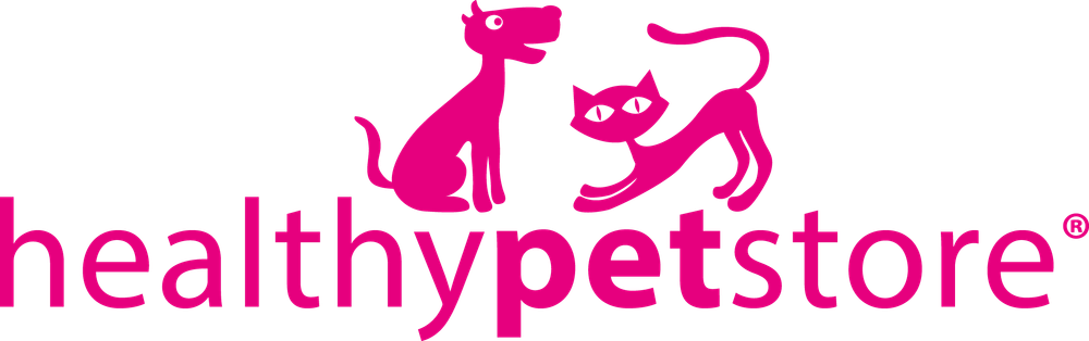 Pink logo design for Healthy Pet Store showing silhouettes of a standing dog and playful cat.