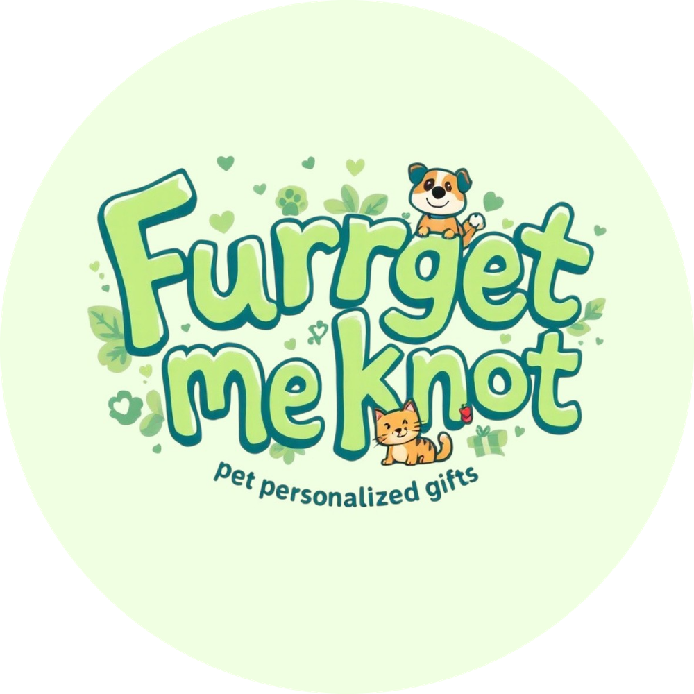 A cute cartoon panda mascot logo for 'Furrget me not' pet personalized gifts with green text and heart decorations.